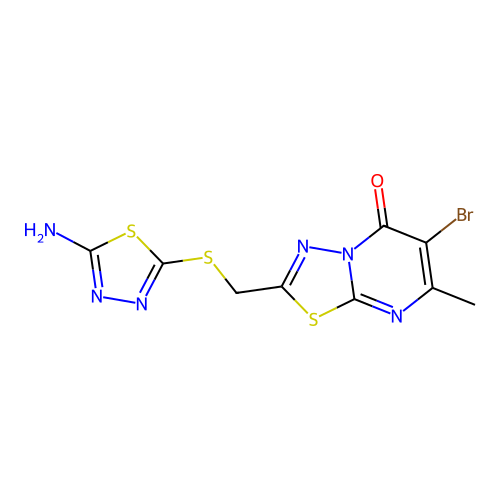 2-[(5-amino-1,3,4-thiadiazol-2-yl)sulfanylmethyl]-6-bromo-7-methyl-[1,3,4]thiadiazolo[3,2-a]pyrimidin-5-one structure