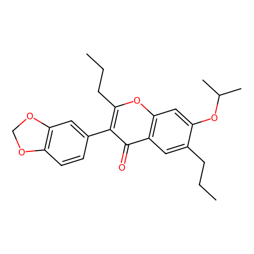 3-(benzo[d][1,3]dioxol-5-yl)-7-isopropoxy-2,6-dipropyl-4H-chromen-4-one structure