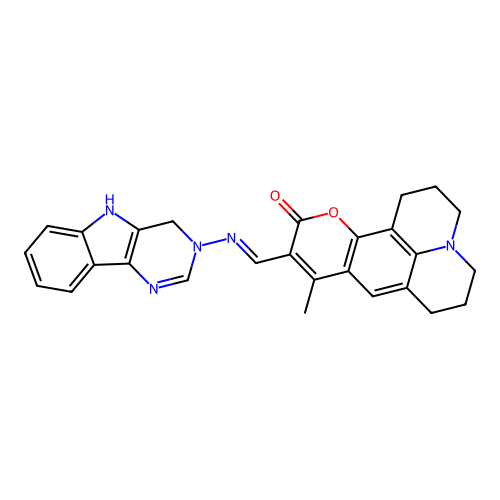 (E)-10-(((4,5-dihydro-3H-pyrimido[5,4-b]indol-3-yl)imino)methyl)-9-methyl-2,3,6,7-tetrahydro-1H-pyrano[2,3-f]pyrido[3,2,1-ij]quinolin-11(5H)-one structure