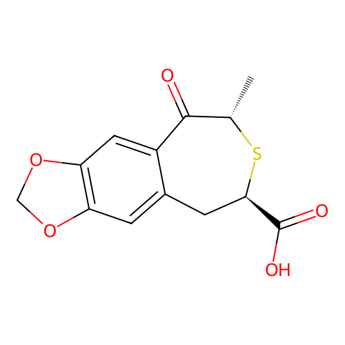 (+/-)-trans-1,2,4,5-tetrahydro-4-methyl-7,8-methylenedioxy-5-oxo-3-benzothiepin-2-carboxylic acid structure