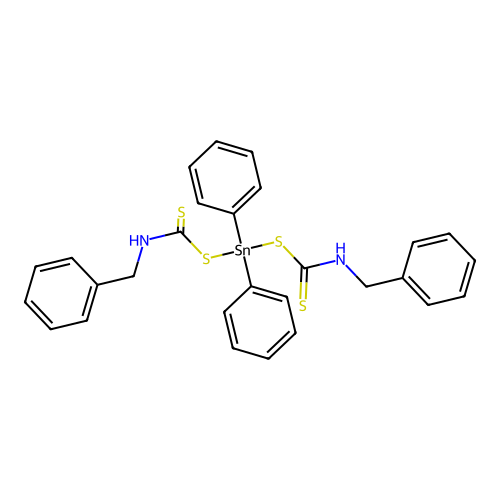 [benzylcarbamothioylsulfanyl(diphenyl)stannyl] N-benzylcarbamodithioate structure