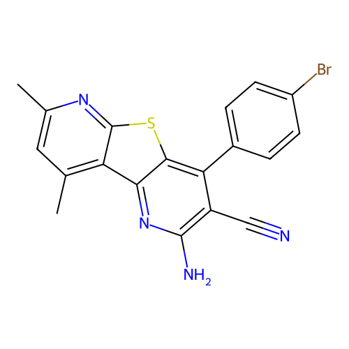 2-amino-4-(4-bromophenyl)-7,9-dimethylthieno[2,3-b:4,5-b']dipyridine-3-carbonitrile structure