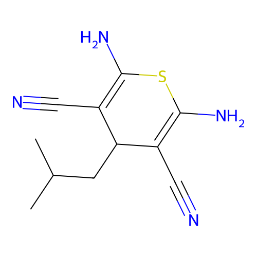2,6-diamino-4-(2-methylpropyl)-4H-thiopyran-3,5-dicarbonitrile structure