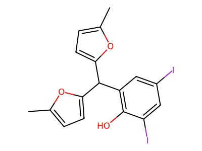 2-[Bis(5-methylfuran-2-yl)methyl]-4,6-diiodophenol structure