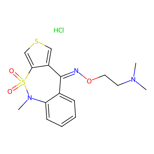 Thieno(3,2-c)(2,1)benzothiazepin-10(5H)-one, 5-methyl-, O-(2-(dimethylamino)ethyl)oxime, 4,4-dioxide, monohydrochloride structure