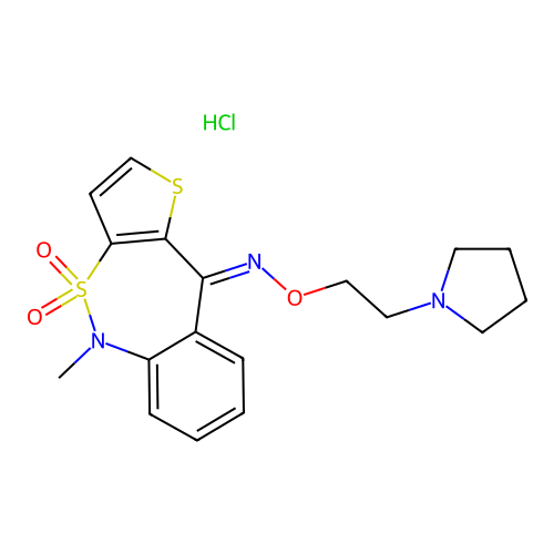 Thieno(3,2-c)(2,1)benzothiazepin-10(5H)-one, 5-methyl-, O-(2-(1-pyrrolidinyl)ethyl)oxime, 4,4-dioxide, monohydrochloride, (Z)- structure