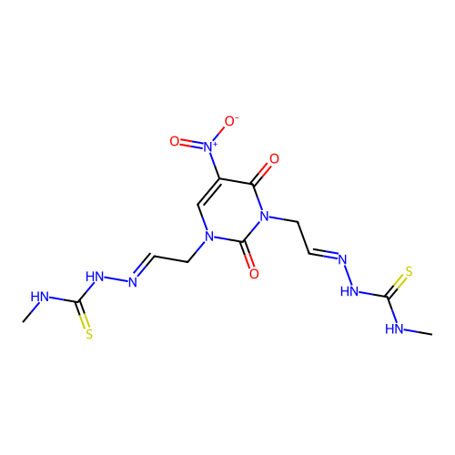(2E,2'E)-2,2'-{(5-Nitro-2,4-dioxopyrimidine-1,3(2H,4H)-diyl)di[(1E)-ethan-2-yl-1-ylidene]}bis(N-methylhydrazine-1-carbothioamide) structure