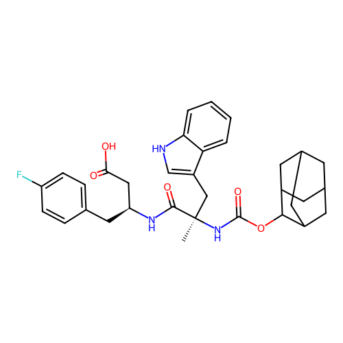(3S)-3-[[(2R)-2-(2-Adamantyloxycarbonylamino)-3-(1H-indol-3-yl)-2-methylpropanoyl]amino]-4-(4-fluorophenyl)butanoic acid structure