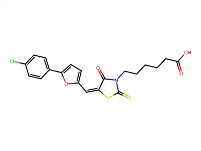 6-[(5E)-5-[[5-(4-chlorophenyl)furan-2-yl]methylidene]-4-oxo-2-sulfanylidene-1,3-thiazolidin-3-yl]hexanoic acid structure