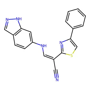 (2E)-3-(2H-indazol-6-ylamino)-2-(4-phenyl-1,3-thiazol-2-yl)prop-2-enenitrile structure