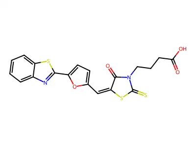 4-[(5E)-5-[[5-(1,3-benzothiazol-2-yl)furan-2-yl]methylidene]-4-oxo-2-sulfanylidene-1,3-thiazolidin-3-yl]butanoic acid structure