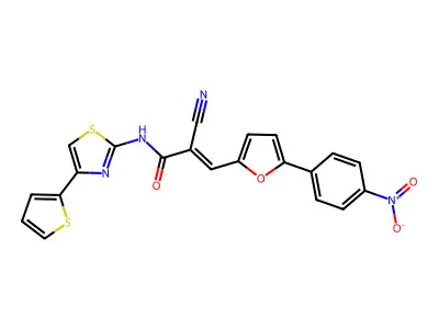 (E)-2-cyano-3-[5-(4-nitrophenyl)furan-2-yl]-N-(4-thiophen-2-yl-1,3-thiazol-2-yl)prop-2-enamide structure