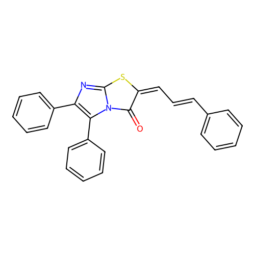 (E)-5,6-diphenyl-2-((E)-3-phenylallylidene)imidazo[2,1-b]thiazol-3(2H)-one structure