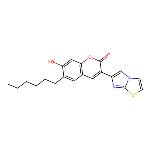 6-hexyl-7-hydroxy-3-(imidazo[2,1-b]thiazol-6-yl)-2H-chromen-2-one structure