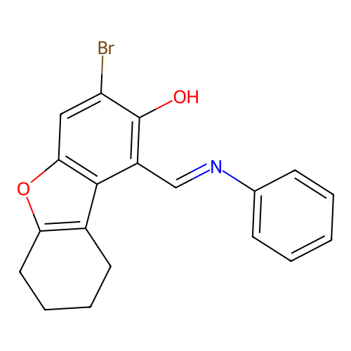 (E)-3-bromo-1-((phenylimino)methyl)-6,7,8,9-tetrahydrodibenzo[b,d]furan-2-ol structure