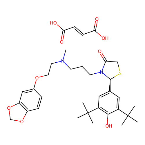 (S)-(-)-2-(3,5-di-tert- butyl-4-hydroxyphenyl)-3-[3-[N-methyl-N-[2-(3,4-methylenedioxyphenoxy)ethyl]amino]propyl]-1,3-thiazolidin-4-one hydrogen fumarate structure