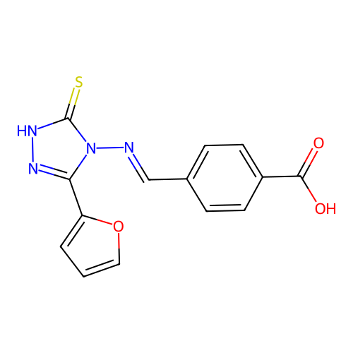 4-((E)-{[3-(2-furyl)-5-mercapto-4H-1,2,4-triazol-4-yl]imino}methyl)benzoic acid structure