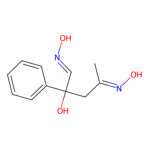 2-Hydroxy-4-(hydroxyimino)-2-phenylpentanal oxime structure