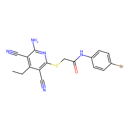 2-[(6-amino-3,5-dicyano-4-ethylpyridin-2-yl)sulfanyl]-N-(4-bromophenyl)acetamide structure