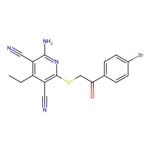 2-amino-6-((2-(4-bromophenyl)-2-oxoethyl)thio)-4-ethylpyridine-3,5-dicarbonitrile structure