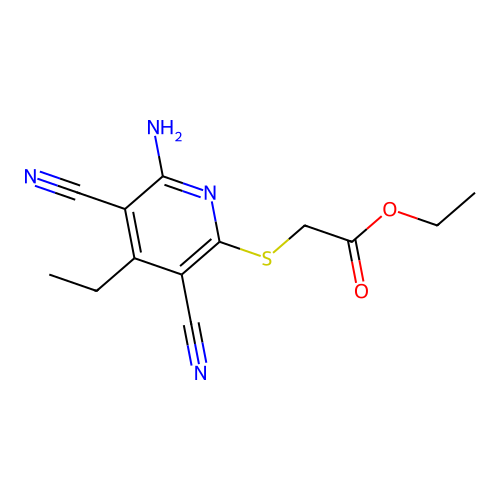 Ethyl [(6-amino-3,5-dicyano-4-ethylpyridin-2-yl)sulfanyl]acetate structure