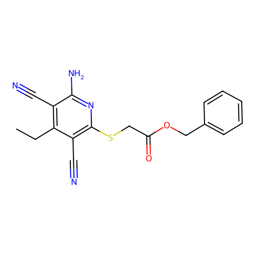 Benzyl [(6-amino-3,5-dicyano-4-ethyl-2-pyridinyl)thio]acetate structure