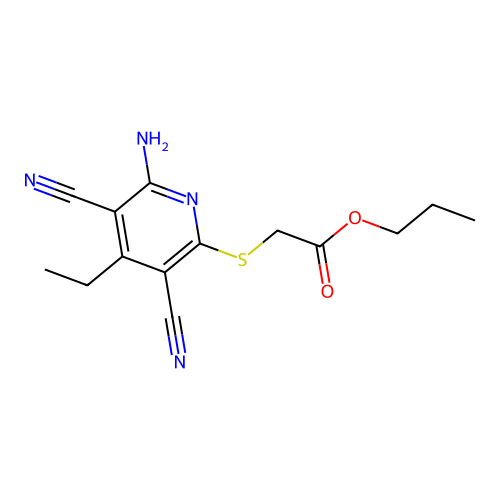 Propyl [(6-amino-3,5-dicyano-4-ethylpyridin-2-yl)sulfanyl]acetate structure