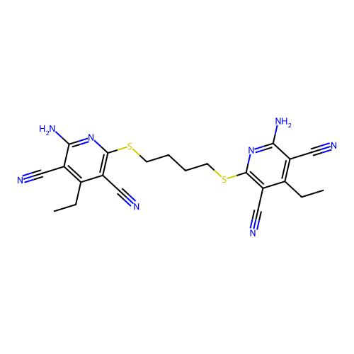1,4-Di(6-amino-3,5-dicyano-4-ethyl-2-pyridylthio)butane structure