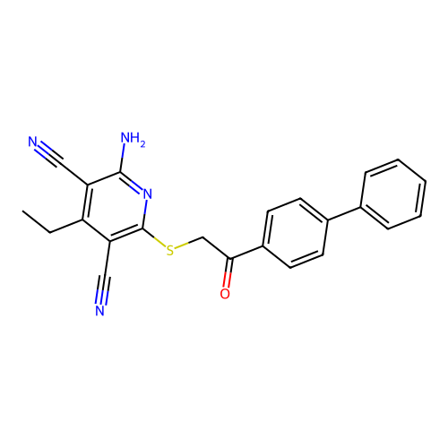 2-Amino-6-{[2-(4-biphenylyl)-2-oxoethyl]thio}-4-ethyl-3,5-pyridinedicarbonitrile structure