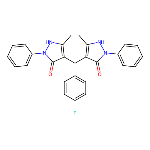4,4'-[(4-fluorophenyl)methanediyl]bis(3-methyl-1-phenyl-1H-pyrazol-5-ol) structure