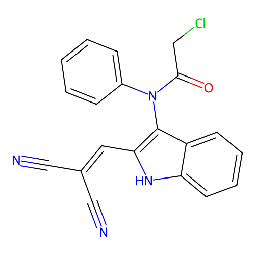 2-chloro-N-[2-(2,2-dicyanoethenyl)-1H-indol-3-yl]-N-phenylacetamide structure