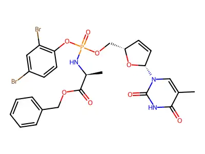 L-Alanine, N-(2',3'-didehydro-3'-deoxy-P-(2,4-dibromophenyl)-5'-thymidylyl)-, phenylmethyl ester structure