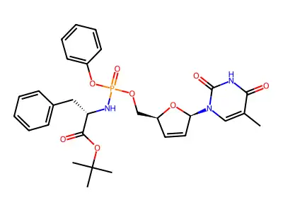 L-Phenylalanine, N-((((2S,5R)-5-(3,4-dihydro-5-methyl-2,4-dioxo-1(2H)-pyrimidinyl)-2,5-dihydro-2-furanyl)methoxy)phenoxyphosphinyl)-, 1,1-dimethylethyl ester structure