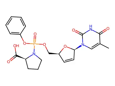 L-Proline, 1-((((2S,5R)-5-(3,4-dihydro-5-methyl-2,4-dioxo-1(2H)-pyrimidinyl)-2,5-dihydro-2-furanyl)methoxy)phenoxyphosphinyl)- structure