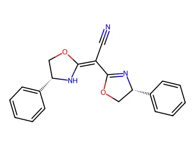 (2E)-2-[(4R)-4-phenyl-4,5-dihydro-1,3-oxazol-2-yl]-2-[(4R)-4-phenyl-1,3-oxazolidin-2-ylidene]acetonitrile structure