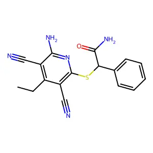 2-[(6-Amino-3,5-dicyano-4-ethylpyridin-2-yl)sulfanyl]-2-phenylacetamide structure