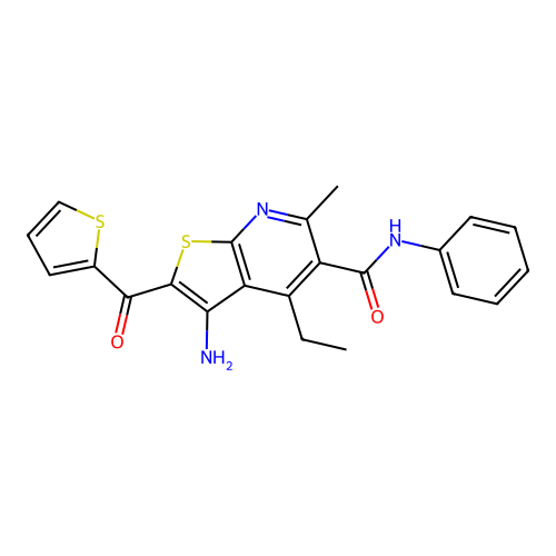 3-amino-4-ethyl-6-methyl-N-phenyl-2-(thiophene-2-carbonyl)thieno[2,3-b]pyridine-5-carboxamide structure