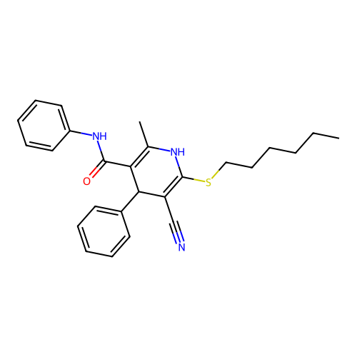 5-cyano-6-hexylsulfanyl-2-methyl-N,4-diphenyl-1,4-dihydropyridine-3-carboxamide structure