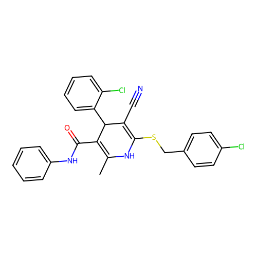 4-(2-chlorophenyl)-6-[(4-chlorophenyl)methylsulfanyl]-5-cyano-2-methyl-N-phenyl-1,4-dihydropyridine-3-carboxamide structure