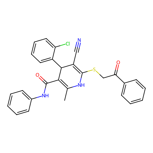 4-(2-chlorophenyl)-5-cyano-2-methyl-6-phenacylsulfanyl-N-phenyl-1,4-dihydropyridine-3-carboxamide structure
