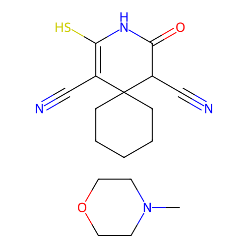 4-methylmorpholine; 8-oxo-10-sulfanyl-9-azaspiro[5.5]undec-10-ene-7,11-dicarbonitrile structure
