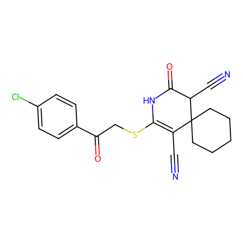 10-[2-(4-chlorophenyl)-2-oxoethyl]sulfanyl-8-oxo-9-azaspiro[5.5]undec-10-ene-7,11-dicarbonitrile structure