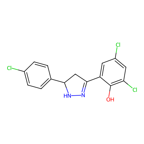 2,4-dichloro-6-[5-(4-chlorophenyl)-4,5-dihydro-1H-pyrazol-3-yl]phenol structure