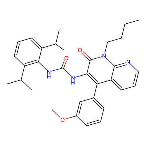 1-[1-butyl-4-(3-methoxyphenyl)-2-oxo-1,8-naphthyridin-3-yl]-3-[2,6-di(propan-2-yl)phenyl]urea structure