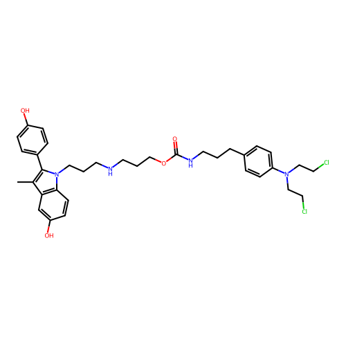 (3-(4-(Bis(2-chloroethyl)amino)phenyl)propyl)-carbamic acid 3-((3-(5-hydroxy-2-(4-hydroxyphenyl)-3-methyl-1H-indol-1-yl)propyl)amino)propyl ester structure