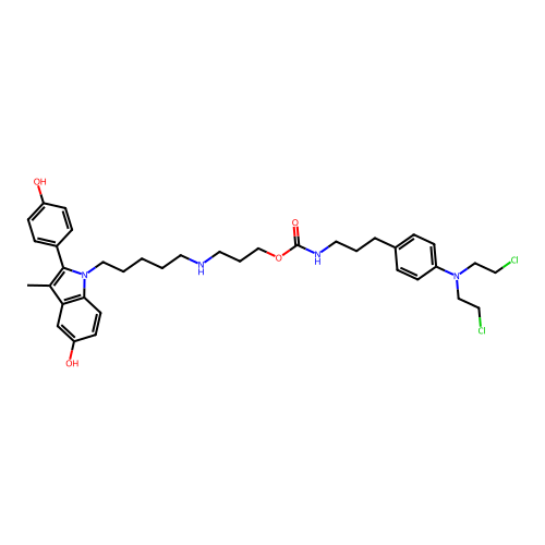 (3-(4-(Bis(2-chloroethyl)amino)phenyl)propyl)-carbamic acid 3-((5-(5-hydroxy-2-(4-hydroxyphenyl)-3-methyl-1H-indol-1-yl)pentyl)amino)propyl ester structure