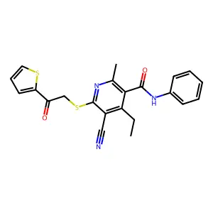 5-cyano-4-ethyl-2-methyl-6-(2-oxo-2-thiophen-2-ylethyl)sulfanyl-N-phenylpyridine-3-carboxamide structure