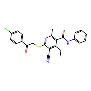 6-[2-(4-chlorophenyl)-2-oxoethyl]sulfanyl-5-cyano-4-ethyl-2-methyl-N-phenylpyridine-3-carboxamide structure
