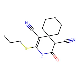 4-Oxo-2-(propylsulfanyl)-3-azaspiro[5.5]undec-1-ene-1,5-dicarbonitrile structure