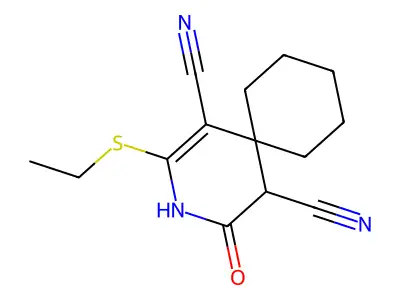 2-(Ethylsulfanyl)-4-oxo-3-azaspiro[5.5]undec-1-ene-1,5-dicarbonitrile structure